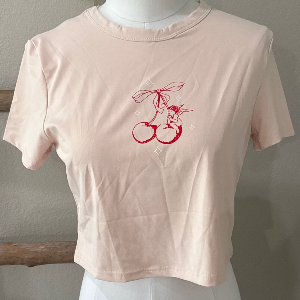Pacsun LA Pink Cherry Cherub Baby Doll Short Sleeve Cropped Tee size Large